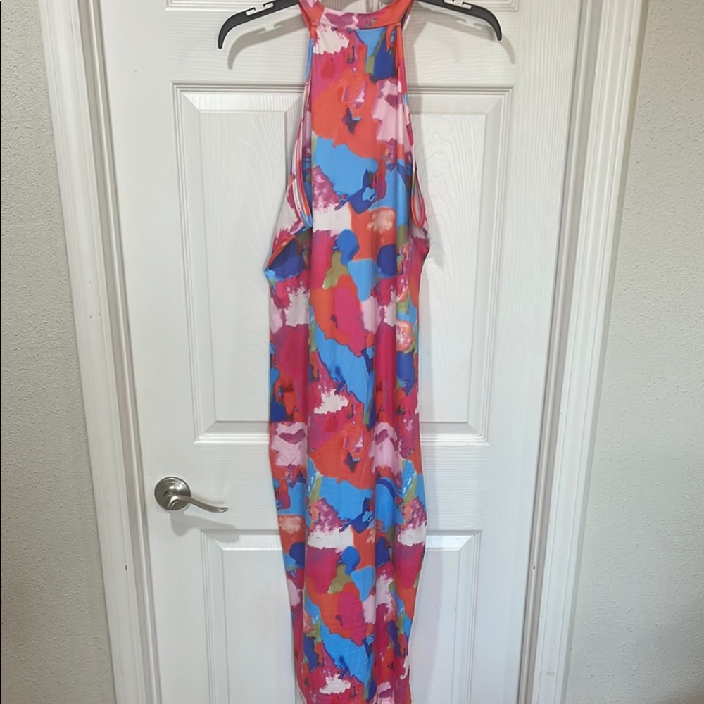 SHEIN Pink and Blue Midi Dress with Bold Floral Design